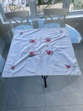 Vintage small square embroidered/ petit point pink floral tablecloth 32”x31”